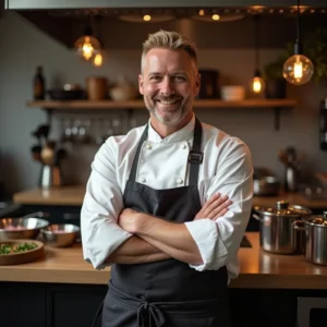  45-year-old male chef with short blonde hair and light stubble named Alex for the brand DearRecipes, wearing professional cooking clothes. He is standing in a modern, well-equipped kitchen with a warm, welcoming expression. His outfit includes a white chef's jacket with rolled-up sleeves, a dark apron, and a classic chef’s hat. The background should feature kitchen tools like pots, pans, and utensils. Soft lighting should enhance the friendly, inviting atmosphere. Style: realistic, clean, with detailed textures and soft shadows.